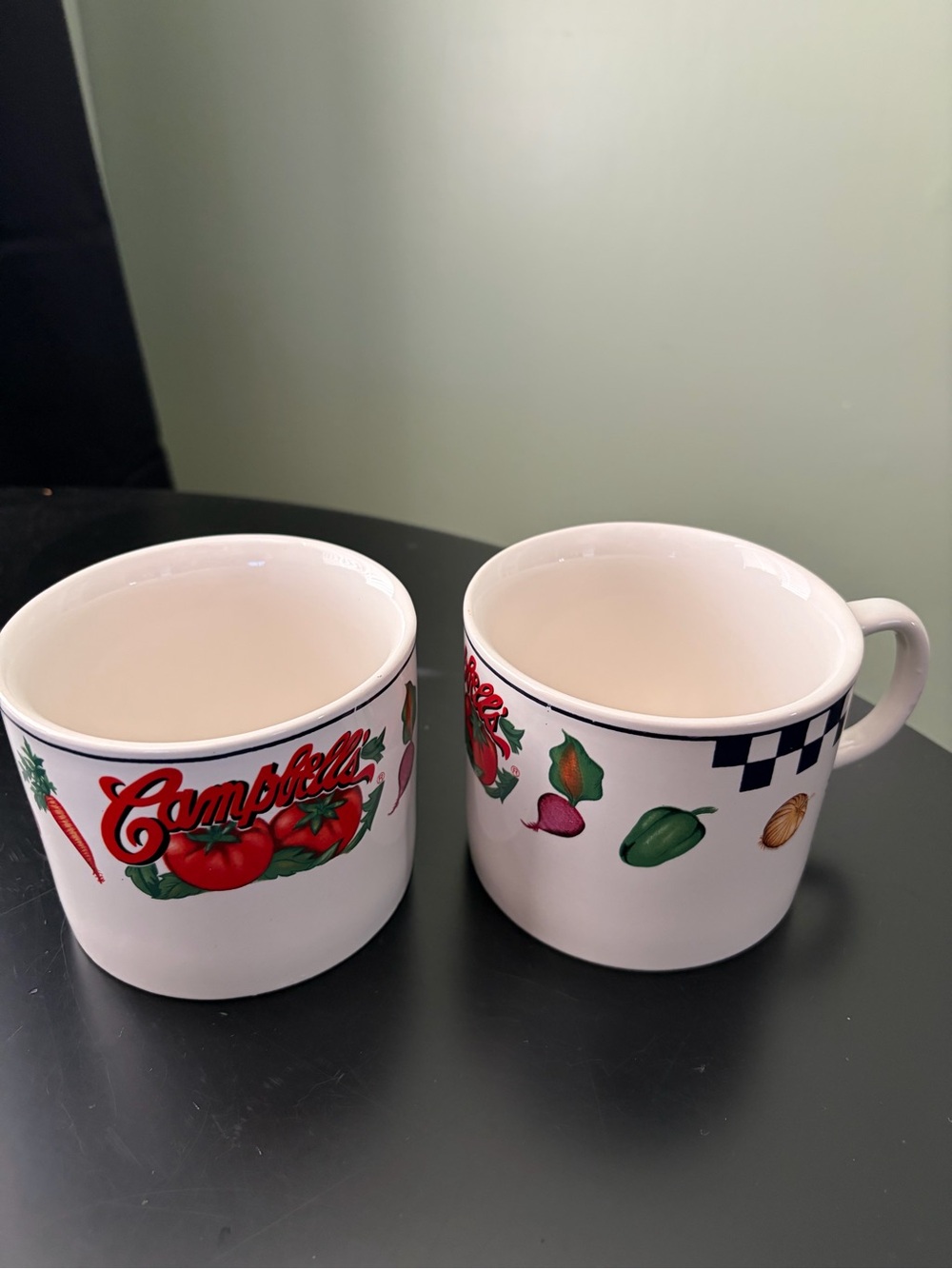 Vintage 1997 Campbell's Soup Ceramic Mugs Checkered Vegetable Veggie Print Set 2